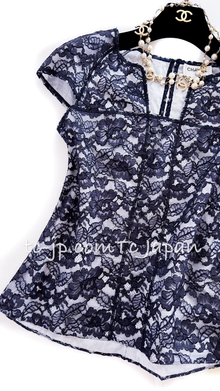 シャネル トップス CHANEL 14C ネイビー ホワイト カメリア レース 36