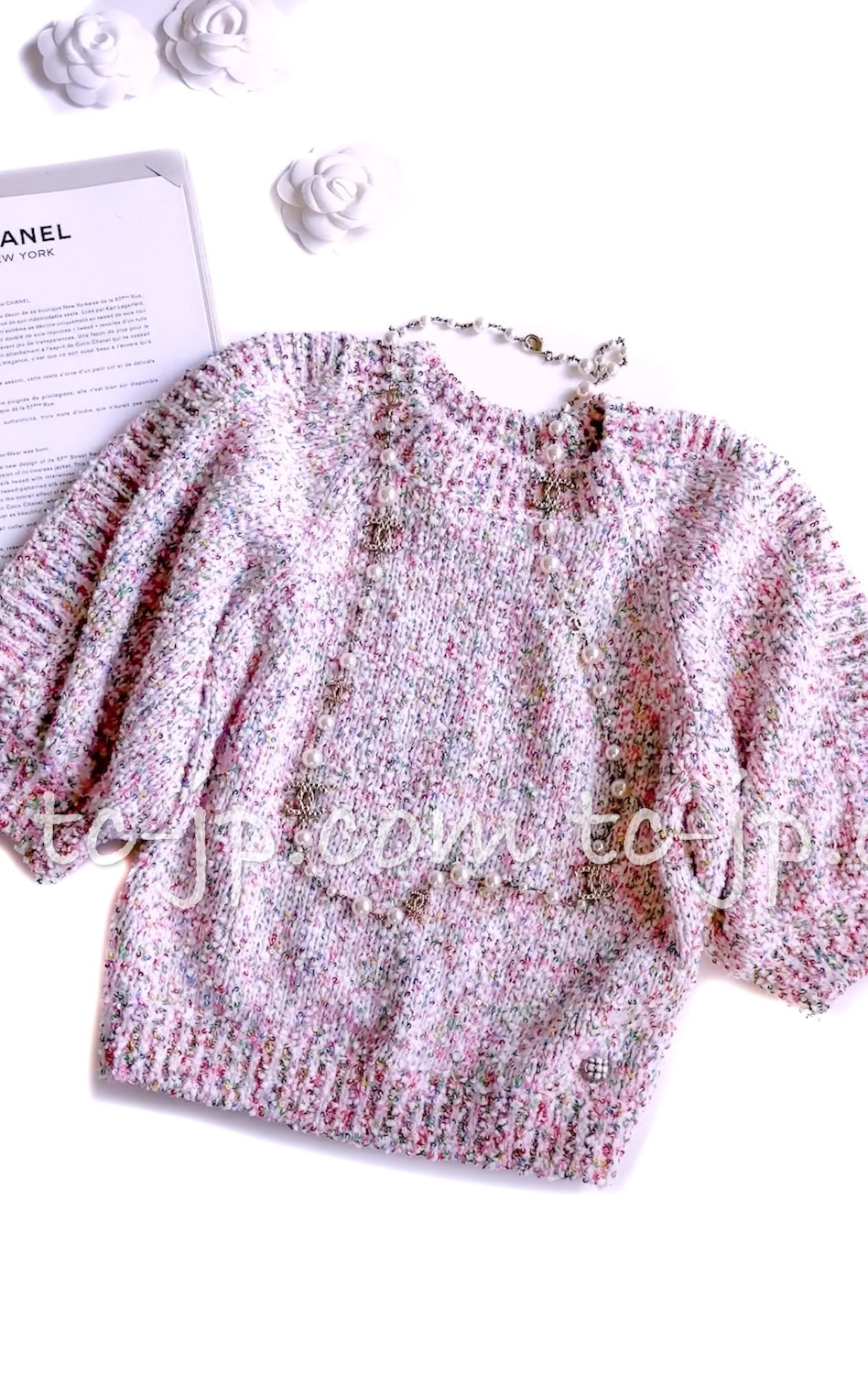 CHANEL 16C Pink Muliticolor Sequin Embellishments Sweater Tops 38 シャネル ピンク マルチカラー スパンコール セーター トップス