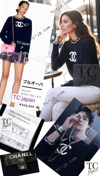 CHANEL 21PS Navy White CC Logo Cashmere Knit Sweater Tops 36 38 シャネル ネイビー ホワイト CC ココ マーク カシミア ニット トップス セーター 即発