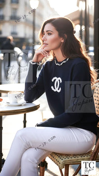 CHANEL 21PS Navy White CC Logo Cashmere Knit Sweater Tops 36 38 シャネル ネイビー ホワイト CC ココ マーク カシミア ニット トップス セーター 即発