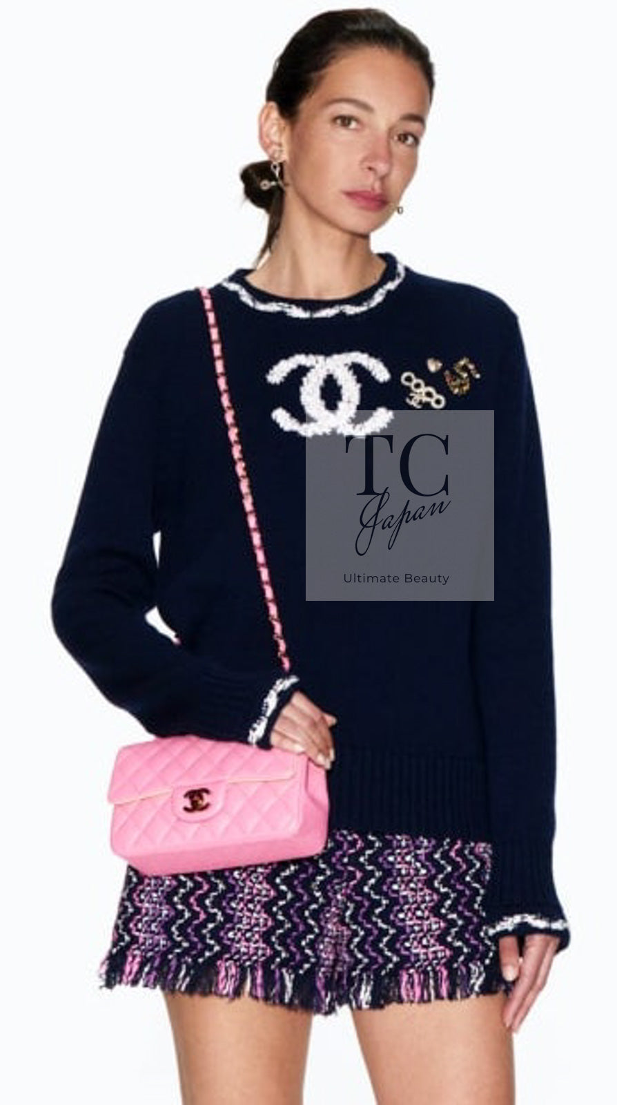 CHANEL 21PS Navy White CC Logo Cashmere Knit Sweater Tops 36 38 シャネル ネイビー ホワイト CC ココ マーク カシミア ニット トップス セーター 即発
