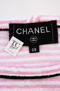 CHANEL 19C Pink and white La Pausa Top T-Shirts 38 シャネル ピンク LA PAUSA トップス ボーダー パイル地 半袖 Ｔシャツ 即発