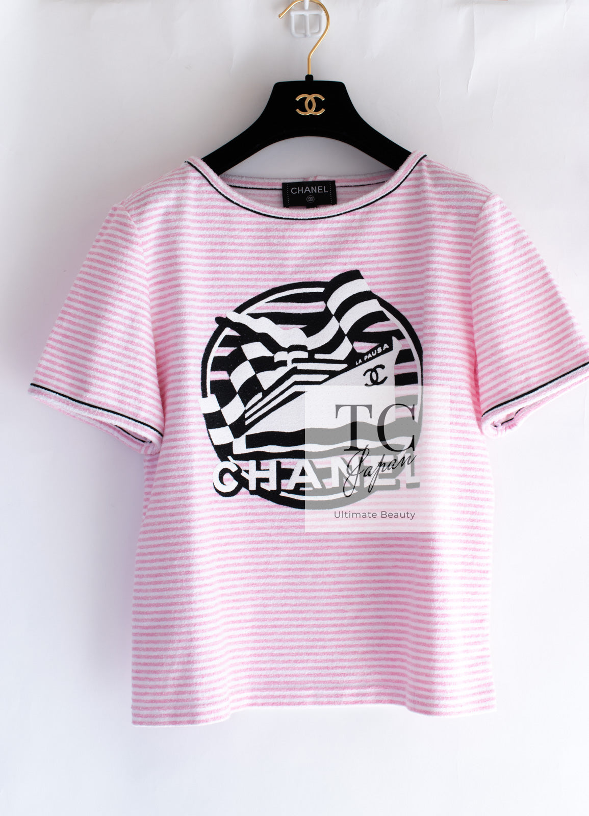 CHANEL 19C Pink and white La Pausa Top T-Shirts 38 シャネル ピンク LA PAUSA トップス  ボーダー パイル地 半袖 Ｔシャツ 即発