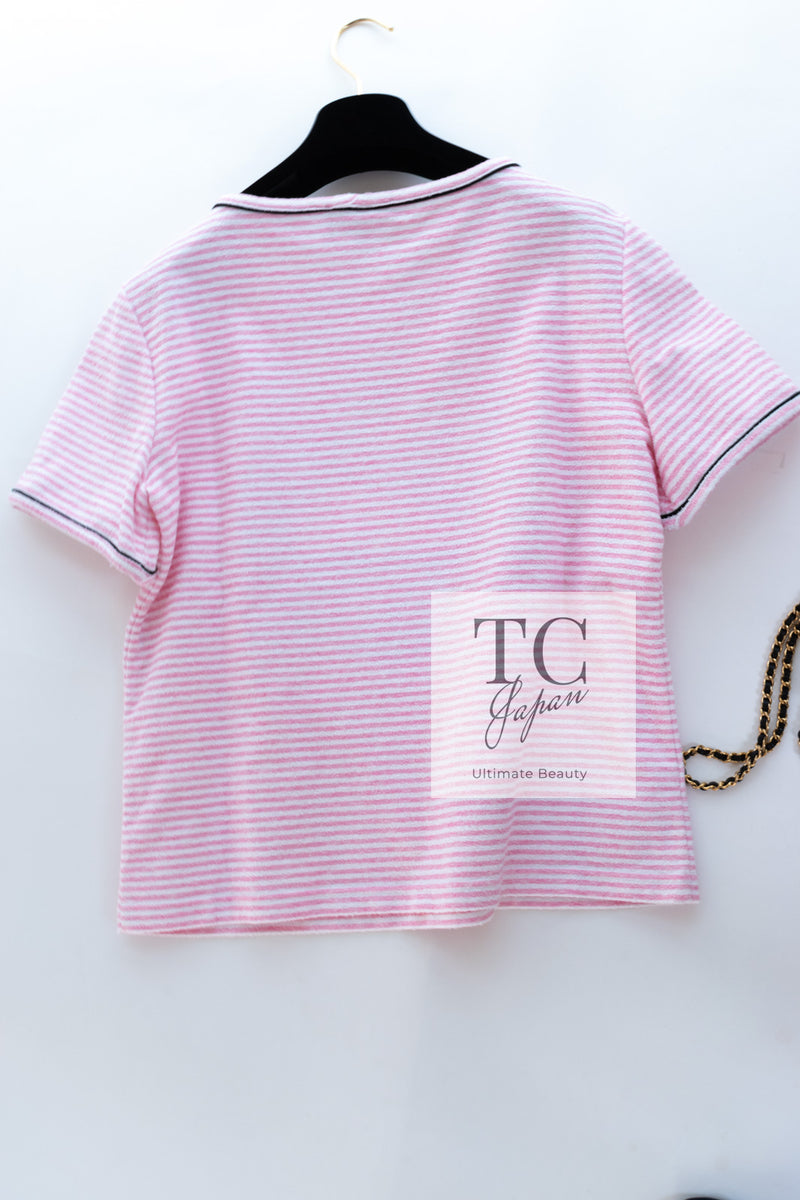 CHANEL 19C Pink and white La Pausa Top T-Shirts 38 シャネル ピンク LA PAUSA トップス ボーダー パイル地 半袖 Ｔシャツ 即発