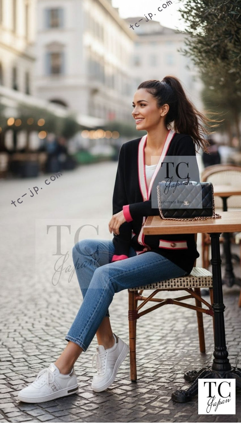 CHANEL 17PS Black Coral White Trim Cashmere Knit Cardigan 34 36 38 シャネル ブラック コーラル ホワイト トリム カシミヤ ニット カーディガン 即発