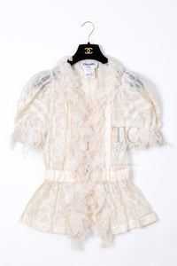 CHANEL 10S Gray Ivory Ecru Camellia Ruffles Linen Silk Blouse Tops 34 シャネル グレー アイボリー 生成り カメリア シルク リネン ブラウス トップス 即発