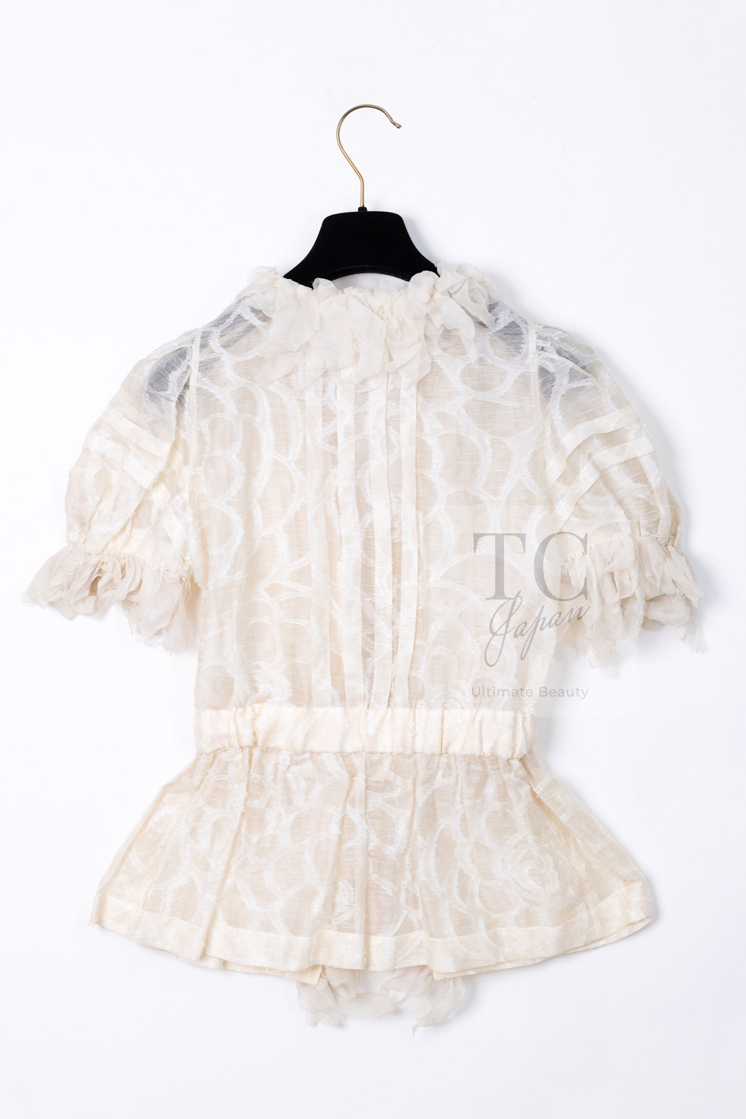 CHANEL 10S Gray Ivory Ecru Camellia Ruffles Linen Silk Blouse Tops 34 シャネル グレー アイボリー 生成り カメリア シルク リネン ブラウス トップス 即発