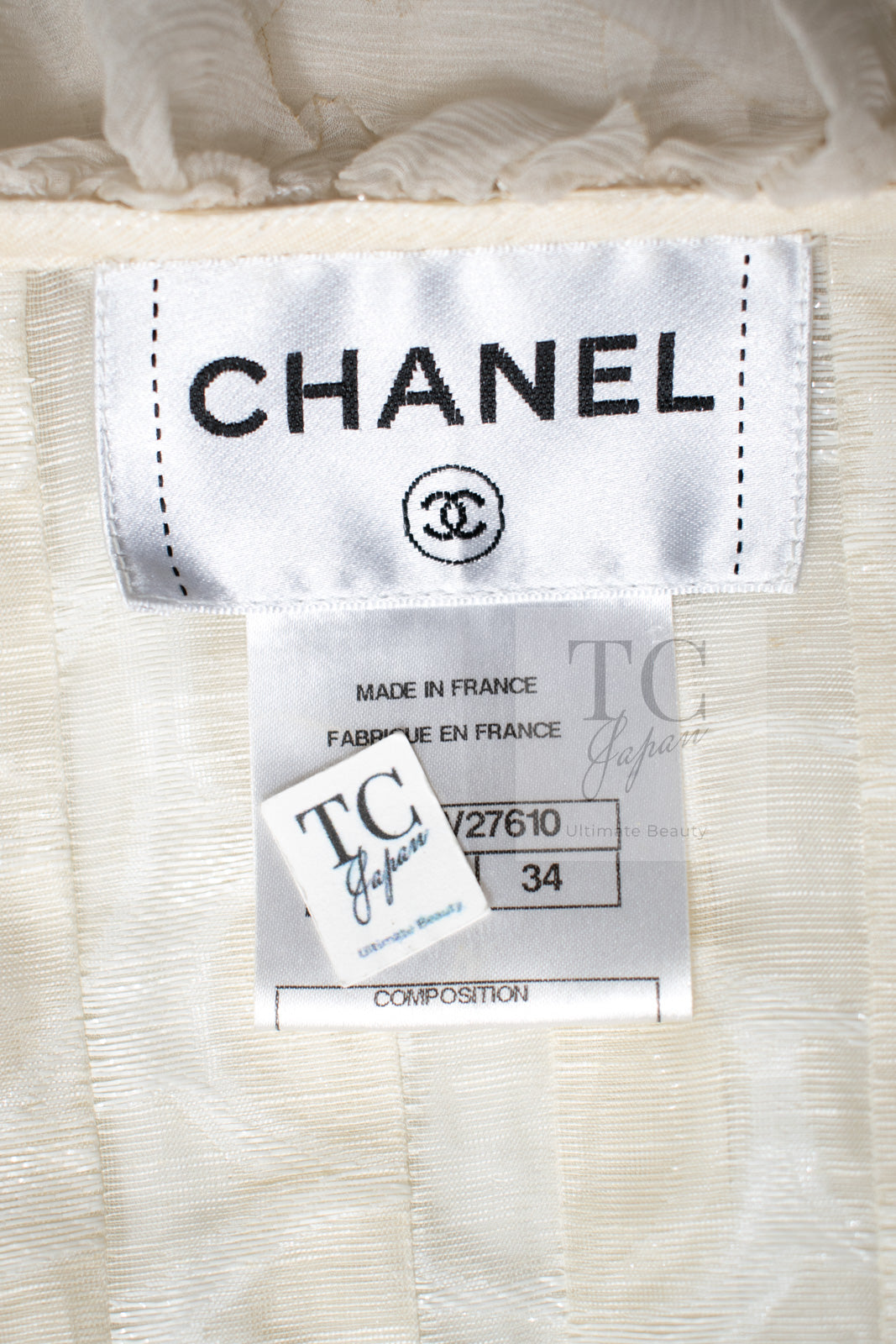 CHANEL 10S Gray Ivory Ecru Camellia Ruffles Linen Silk Blouse Tops 34 シャネル グレー アイボリー 生成り カメリア シルク リネン ブラウス トップス 即発