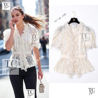 CHANEL 10S Gray Ivory Ecru Camellia Ruffles Linen Silk Blouse Tops 34 シャネル グレー アイボリー 生成り カメリア シルク リネン ブラウス トップス 即発