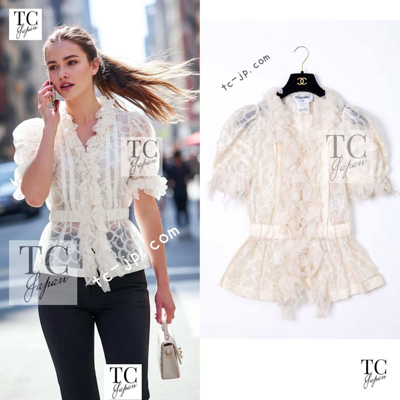 CHANEL 10S Gray Ivory Ecru Camellia Ruffles Linen Silk Blouse Tops 34 シャネル グレー アイボリー 生成り カメリア シルク リネン ブラウス トップス 即発