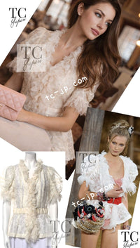 CHANEL 10S Gray Ivory Ecru Camellia Ruffles Linen Silk Blouse Tops 34 シャネル グレー アイボリー 生成り カメリア シルク リネン ブラウス トップス 即発