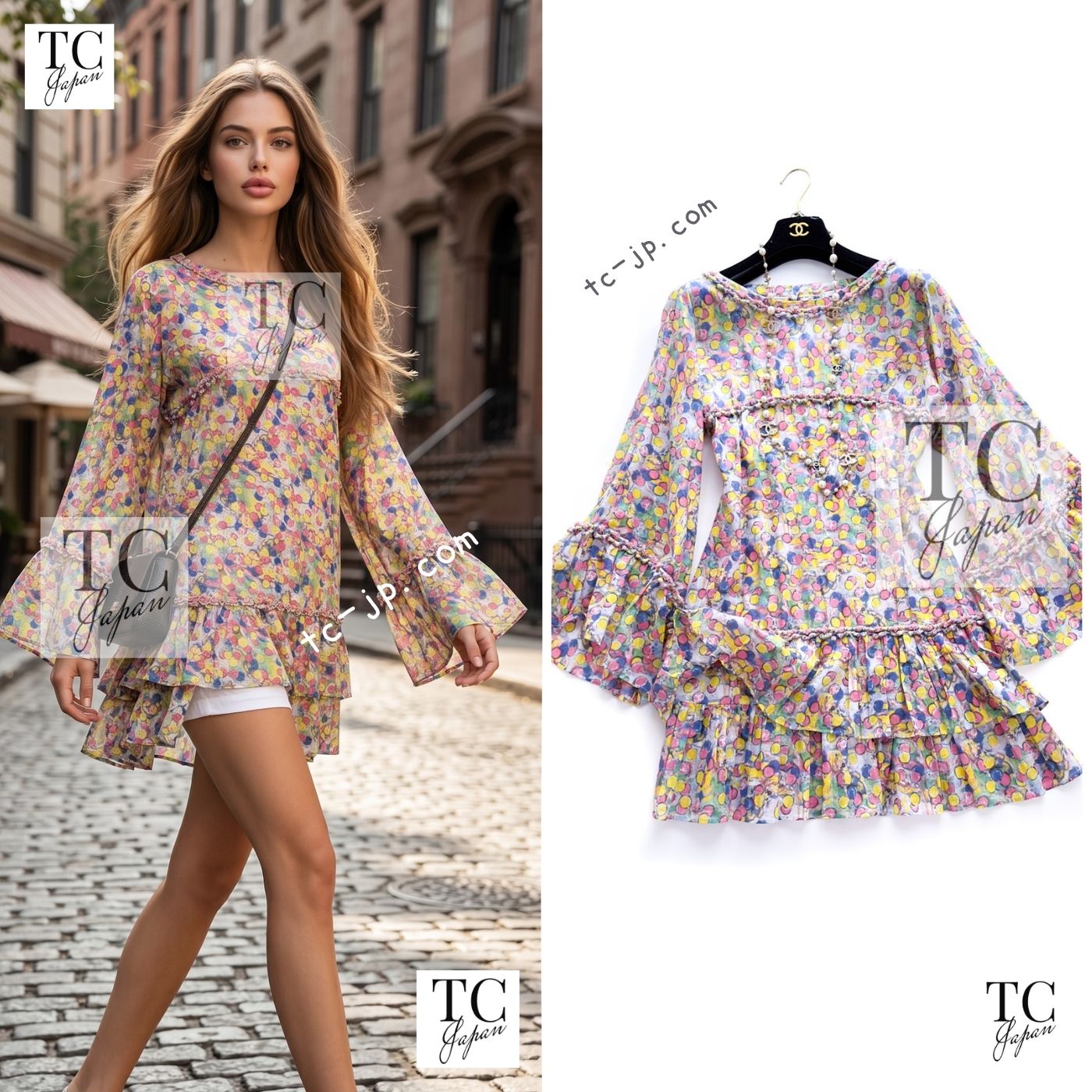 CHANEL 11C Yellow Multi Polka Dot Cotton Tunic Mini Dress 34 シャネル イエロー マルチカラー 水玉 コットン チュニック ミニ ワンピース 即発
