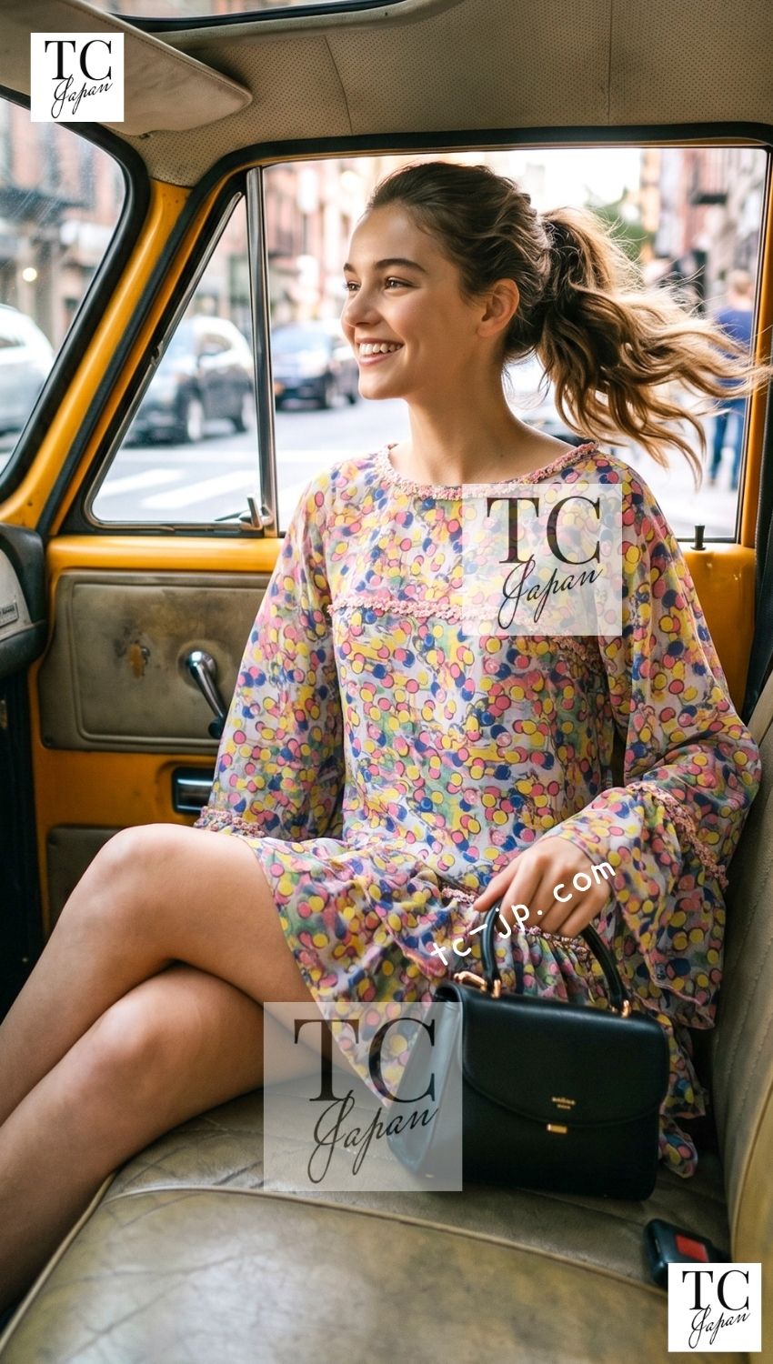 CHANEL 11C Yellow Pink Blue Pretty CC Mark Silk Dress 34 42 シャネル イエロー ピンク ブルー 水玉 ココマーク シルク ワンピース