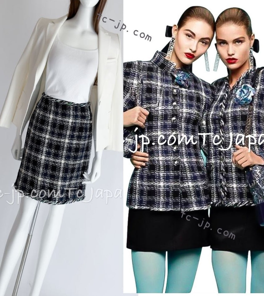 CHANEL 18S Navy Ivory Checked Cotton Tweed Skirt 38 シャネル ネイビー アイボリー チェック  コットン ツイード スカート 即発