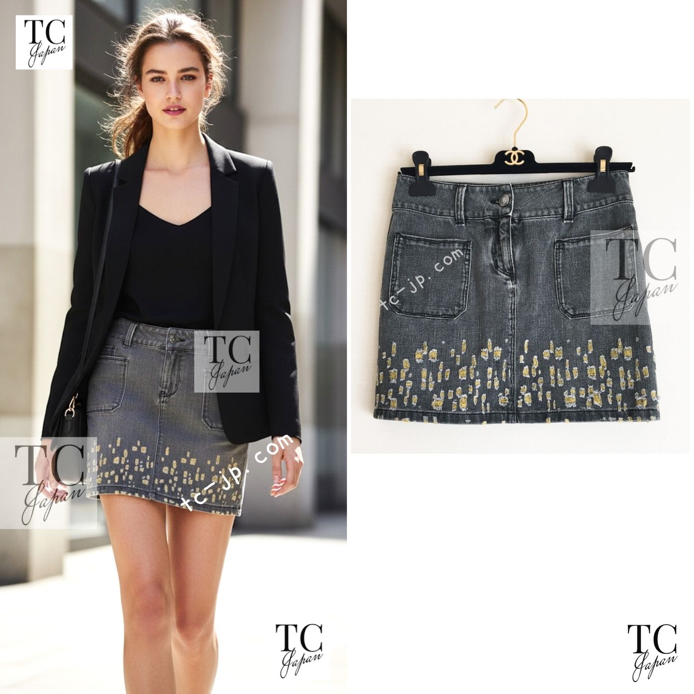 CHANEL 11S Gray Yellow Denim Cotton Mini Skirt 36 シャネル グレー イエロー デニム コットン ミニ スカート 即発