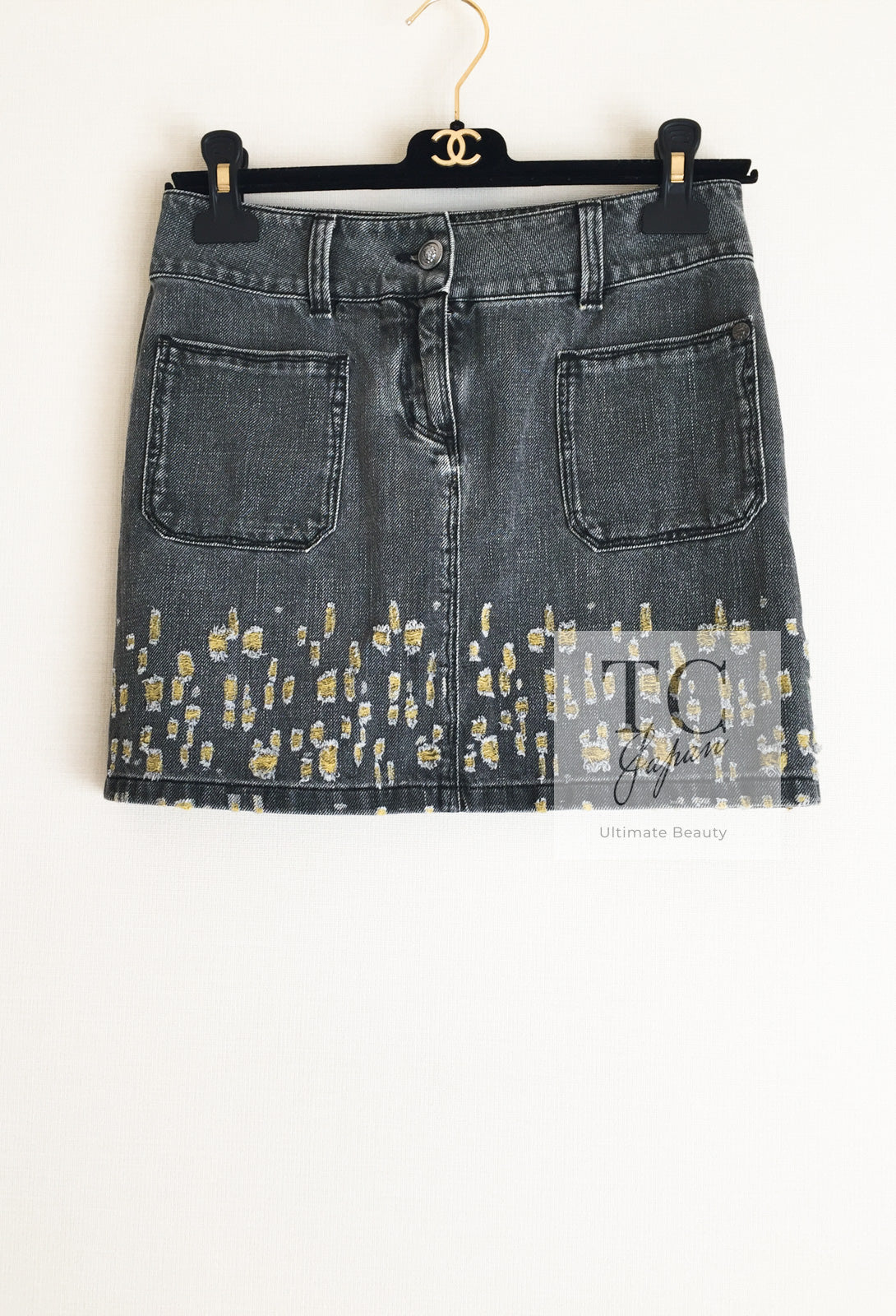 CHANEL 11S Gray Yellow Denim Cotton Mini Skirt 36 シャネル グレー イエロー デニム コットン ミニ スカート 即発
