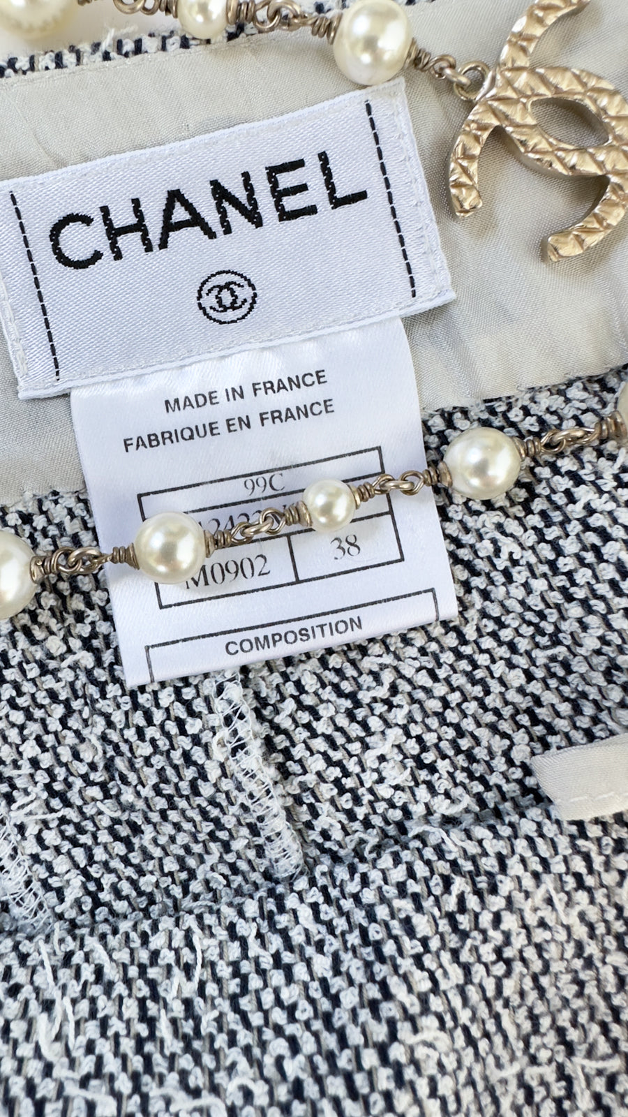 CHANEL 99C Gray Navy White Light Weight Cotton Wool Skirt 38 シャネル グレー ネイビー ホワイト コットン ウール スカート
