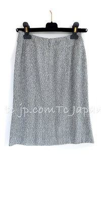CHANEL 99C Gray Navy White Light Weight Cotton Wool Skirt 38 シャネル グレー ネイビー ホワイト コットン ウール スカート