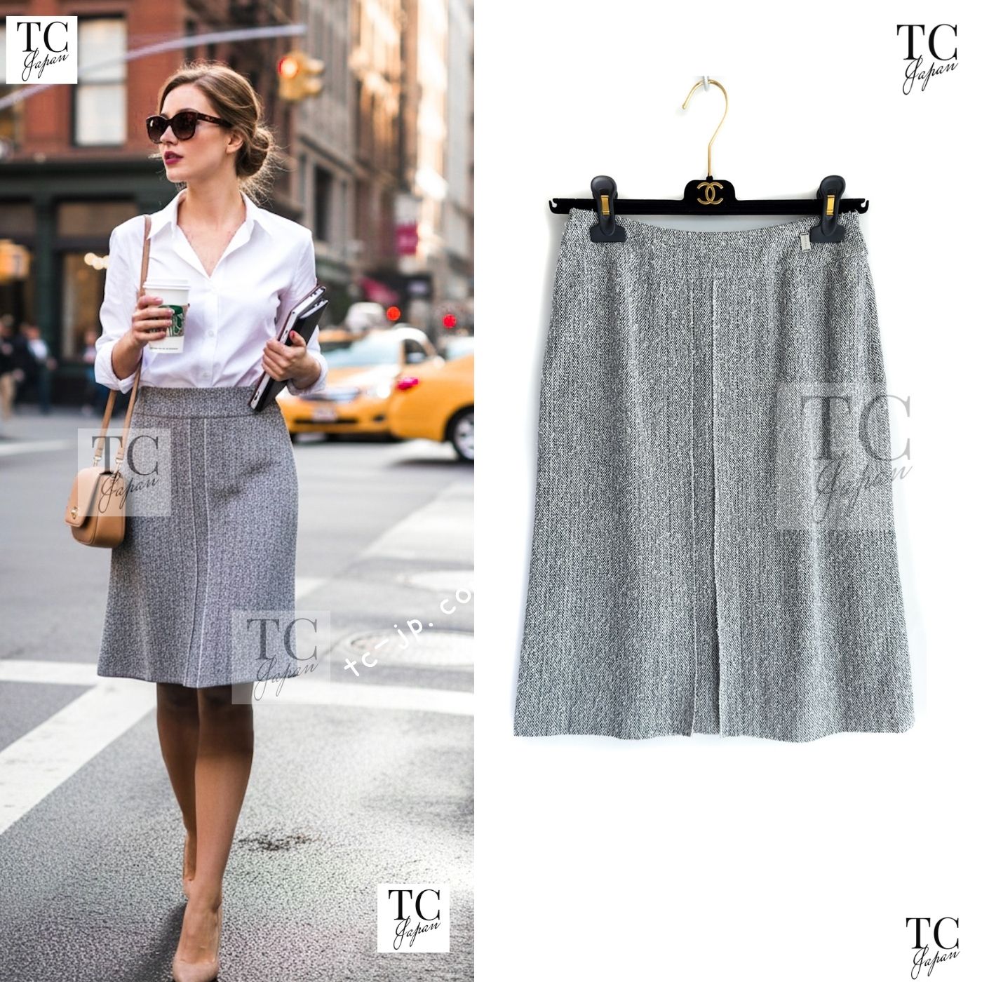 CHANEL 99C Gray Navy White Light Weight Cotton Wool Skirt 38 シャネル グレー ネイビー ホワイト コットン ウール スカート