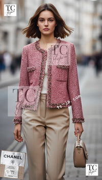 CHANEL 10C Red Metallic Gold Leaf Trim Fringe Wool Tweed Jacket 38 シャネル レッド メタリック ゴールド 木の葉 トリム フリンジ ウール ノーカラー ツイード ジャケット