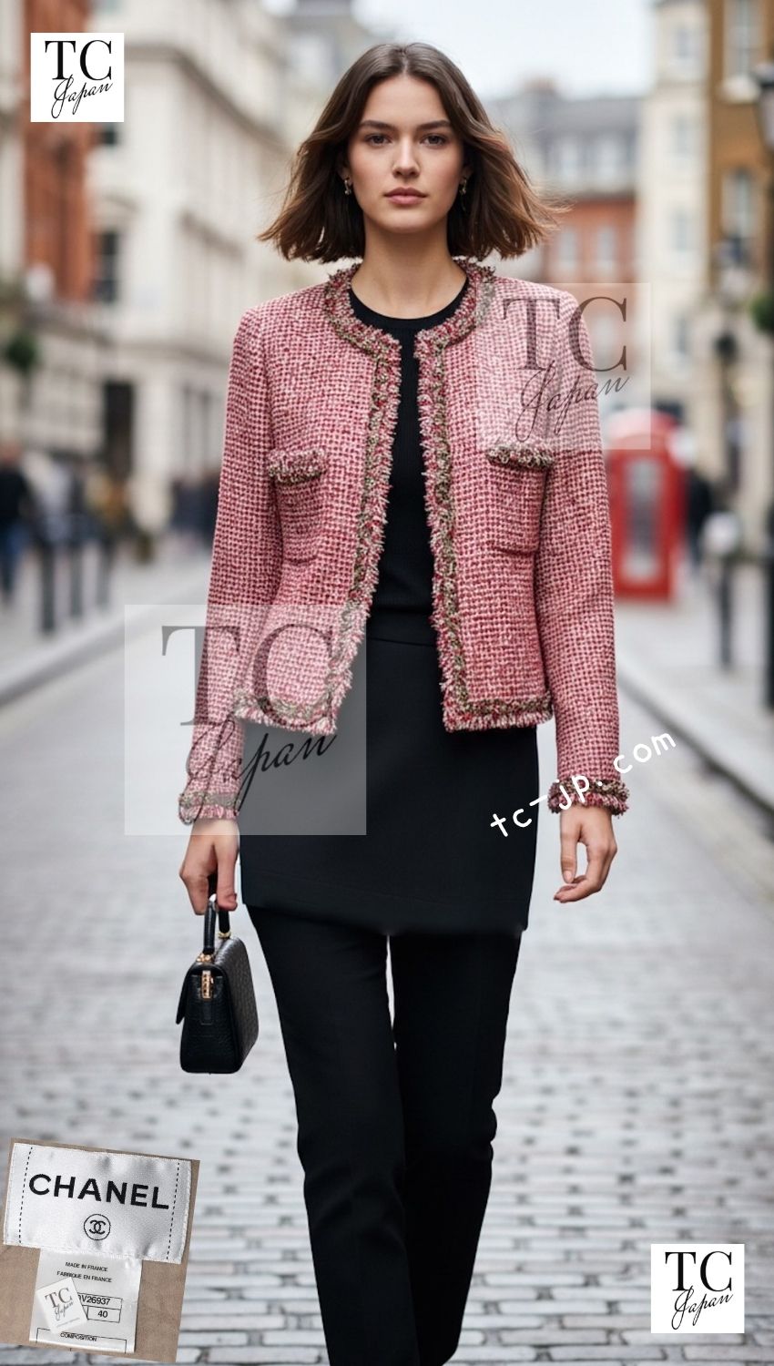 CHANEL 10C Red Metallic Gold Leaf Trim Fringe Wool Tweed Jacket 38 シャネル レッド メタリック ゴールド 木の葉 トリム フリンジ ウール ノーカラー ツイード ジャケット