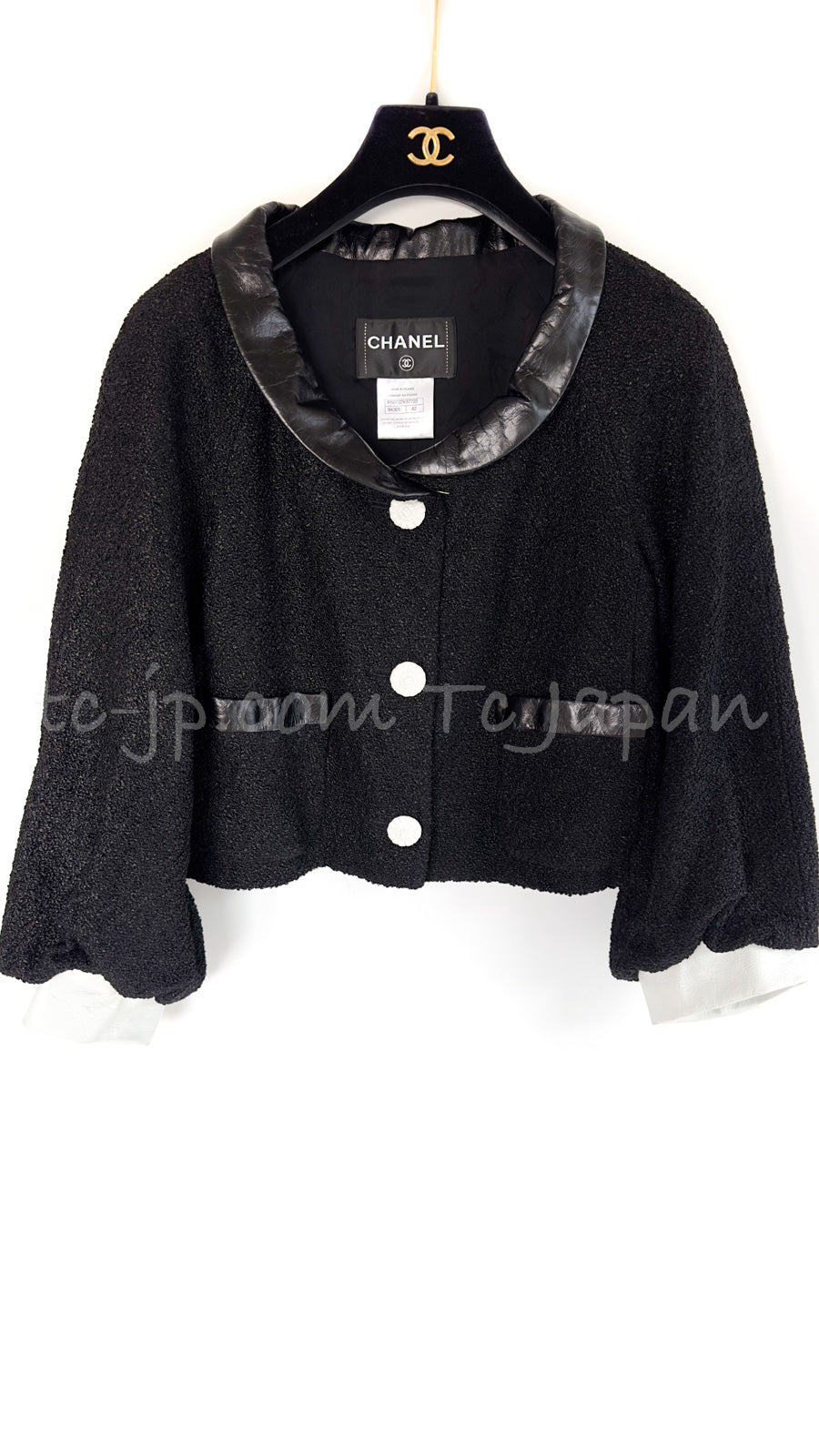 CHANEL 15C Black Tweed Calf Leather Collars White Cuffs Jacket 40 42 シャネル ジャケット CHANEL 15C ブラック カーフレザー襟 カフス付 ツイード 40 42