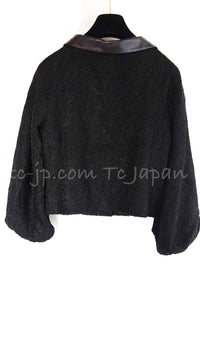 CHANEL 15C Black Tweed Calf Leather Collars White Cuffs Jacket 40 42 シャネル ジャケット CHANEL 15C ブラック カーフレザー襟 カフス付 ツイード 40 42