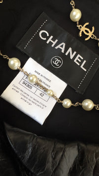 CHANEL 15C Black Tweed Calf Leather Collars White Cuffs Jacket 40 42 シャネル ジャケット CHANEL 15C ブラック カーフレザー襟 カフス付 ツイード 40 42