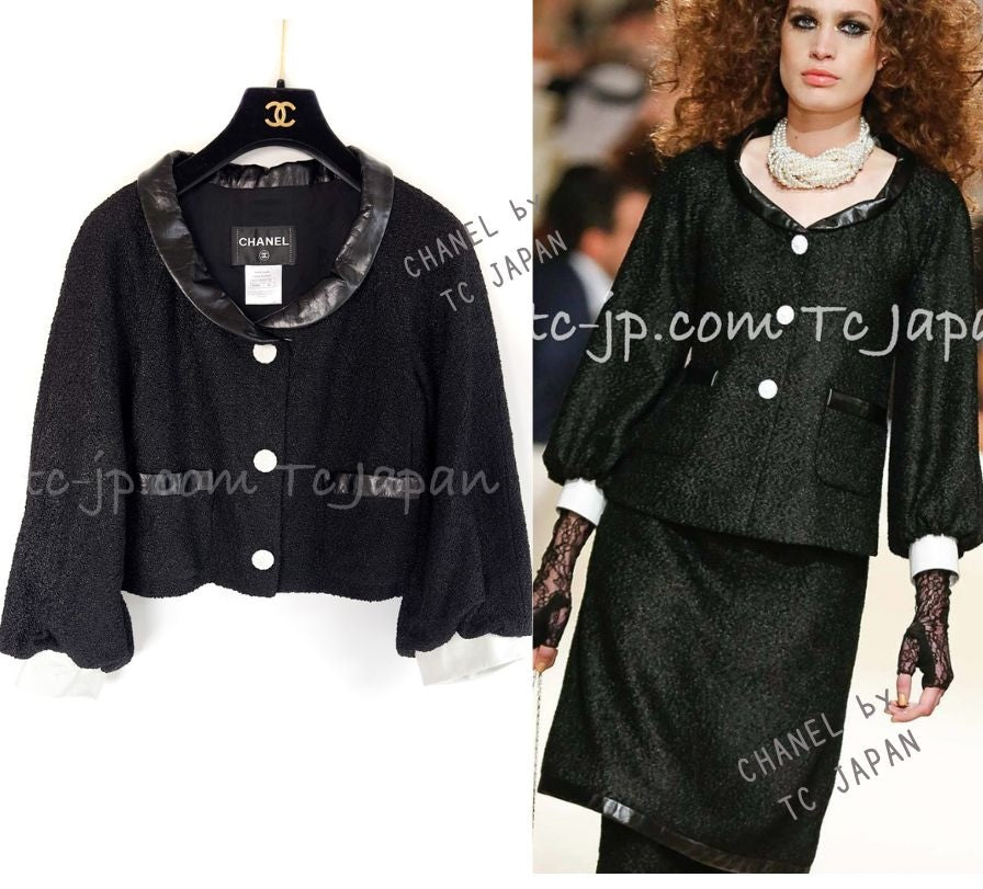 CHANEL 15C Black Tweed Calf Leather Collars White Cuffs Jacket 40 42 シャネル ジャケット CHANEL 15C ブラック カーフレザー襟 カフス付 ツイード 40 42