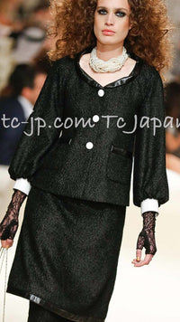 CHANEL 15C Black Tweed Calf Leather Collars White Cuffs Jacket 40 42 シャネル ジャケット CHANEL 15C ブラック カーフレザー襟 カフス付 ツイード 40 42
