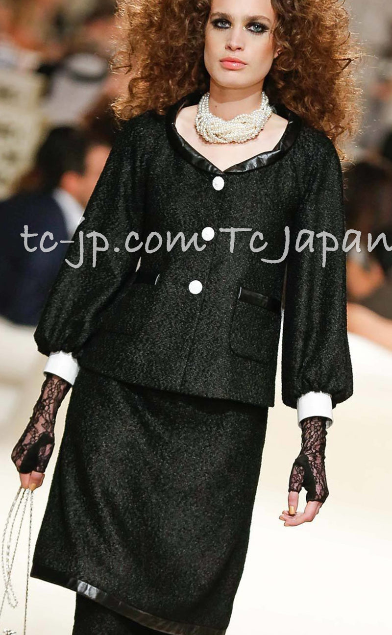 CHANEL 15C Black Tweed Calf Leather Collars White Cuffs Jacket 40 42 シャネル ジャケット CHANEL 15C ブラック カーフレザー襟 カフス付 ツイード 40 42