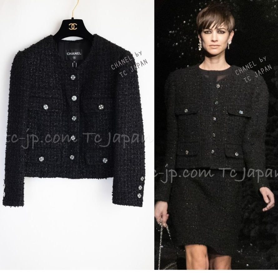 CHANEL 21A Black Coco Buttons Wool Cotton Tweed Jacket 38 シャネル ブラック ココボタン ウール コットン ノーカラー ツイード ジャケット 即発