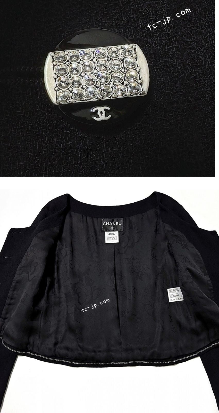 CHANEL 12C Black Round Neck Wool Rhinestone Buttons Jacket 36 38 シャネル ブラック ウール100% 襟なし ラインストーン ボタン ジャケット 即発