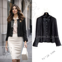 CHANEL 05PF Black Gary Fringe Trim Tweed Jacket 38 40 シャネル ブラック グレー フリンジトリム ツイード ジャケット 即発