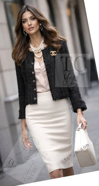 CHANEL 05PF Black Gary Fringe Trim Tweed Jacket 38 40 シャネル ブラック グレー フリンジトリム ツイード ジャケット 即発