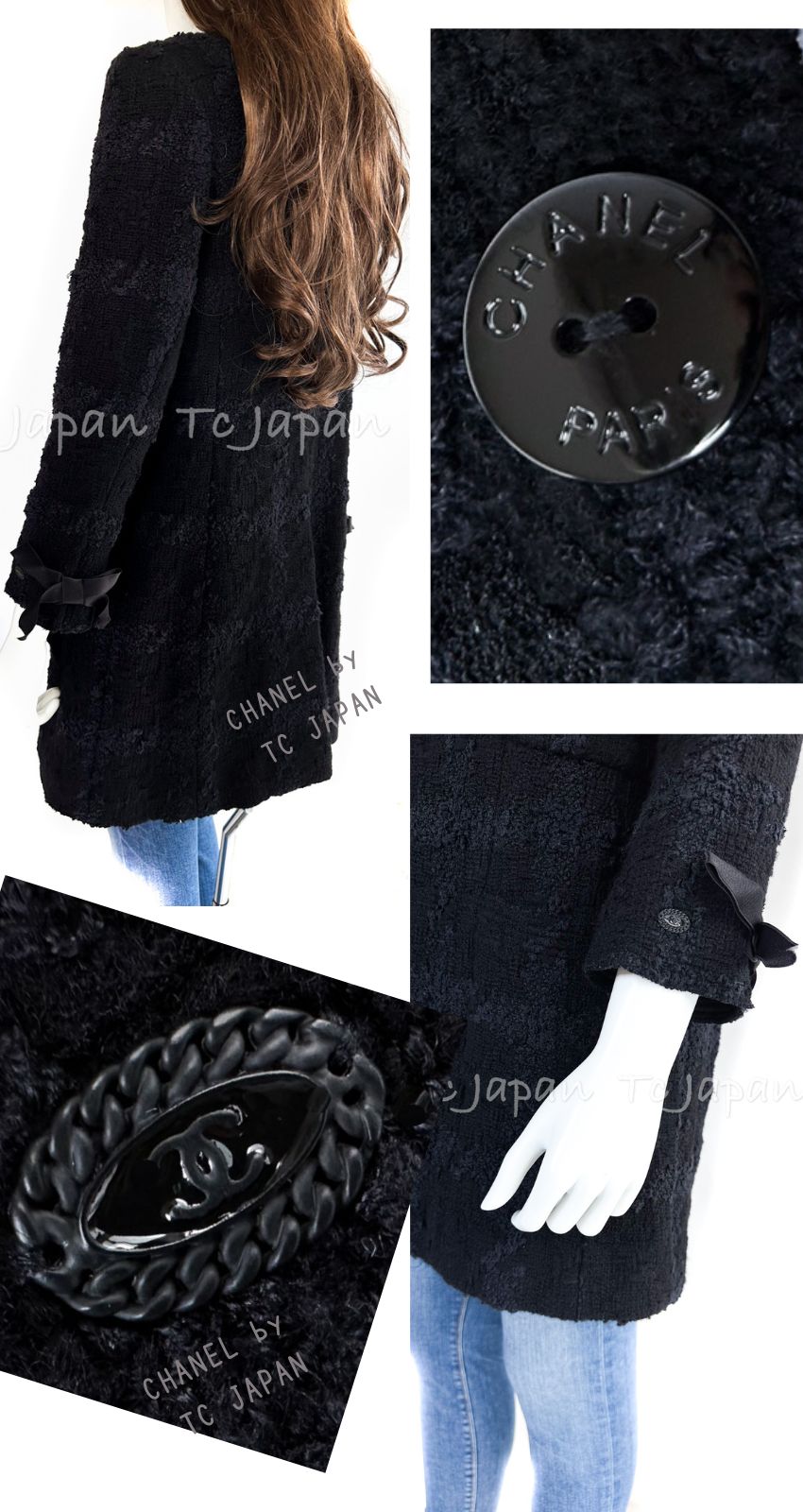 シャネル ブラック ウール シルク 袖リボン装飾 ジャケット コート CHANEL 05A CC Black Wool Silk Sleeve  Ribbon Jacket Coat – TC JAPAN