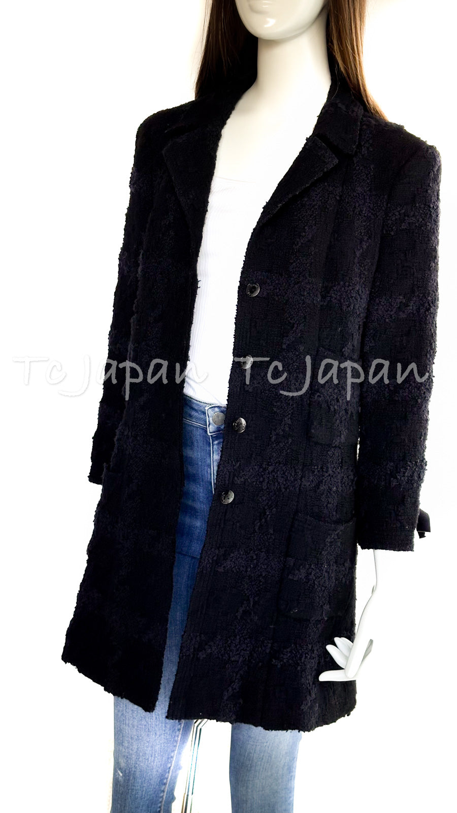 CHANEL 05A CC Black Wool Silk Sleeve Ribbon Jacket Coat 38 シャネル ブラック ウール  シルク 袖リボン装飾 ジャケット コート 即発