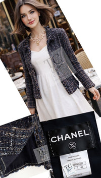 CHANEL 11A Navy Black CC Logo Buttons Trim Tweed Cardigan Jacket 42 シャネル ネイビー ブラック CCロゴボタン トリム ツイード カーディガン ジャケット 即発
