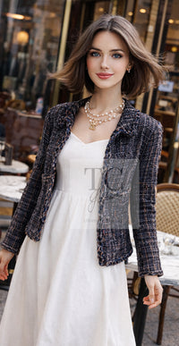 CHANEL 11A Navy Black CC Logo Buttons Trim Tweed Cardigan Jacket 36 42 シャネル ネイビー ブラック CCロゴボタン トリム ツイード カーディガン ジャケット 即発