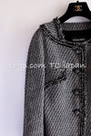 CHANEL 12A Gray Black Linen Wool Tweed Gripoix Button Colorless Jacket 36 38 シャネル グレー ブラック リネン ウール ツイード グリポア 宝石 ボタン ノーカラー ジャケット 即発