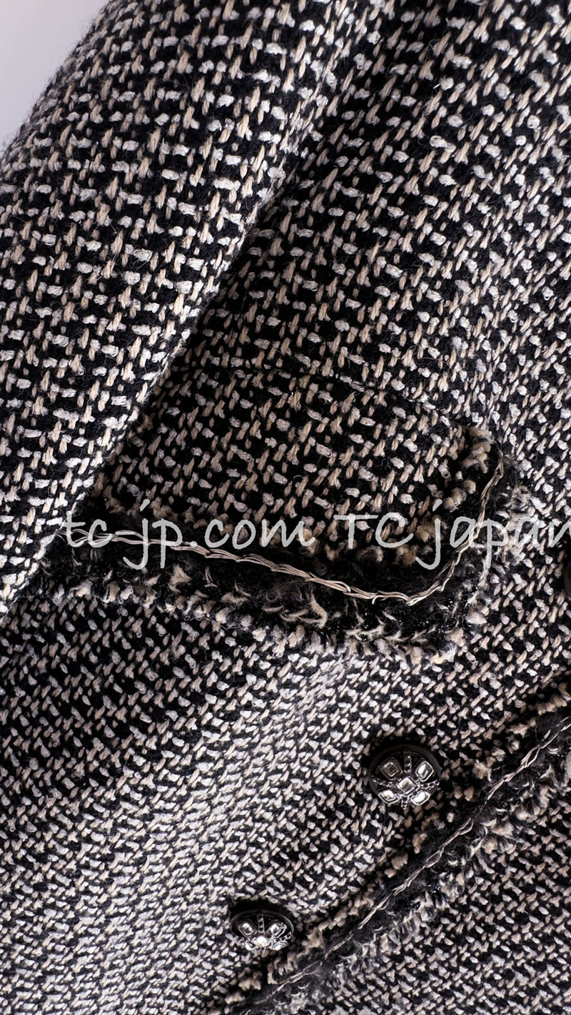 CHANEL 12A Gray Black Linen Wool Tweed Gripoix Button Colorless Jacket 36 38 シャネル グレー ブラック リネン ウール ツイード グリポア 宝石 ボタン ノーカラー ジャケット 即発