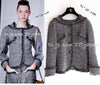 CHANEL 12A Gray Black Linen Wool Tweed Gripoix Button Colorless Jacket 36 38 シャネル グレー ブラック リネン ウール ツイード グリポア 宝石 ボタン ノーカラー ジャケット 即発