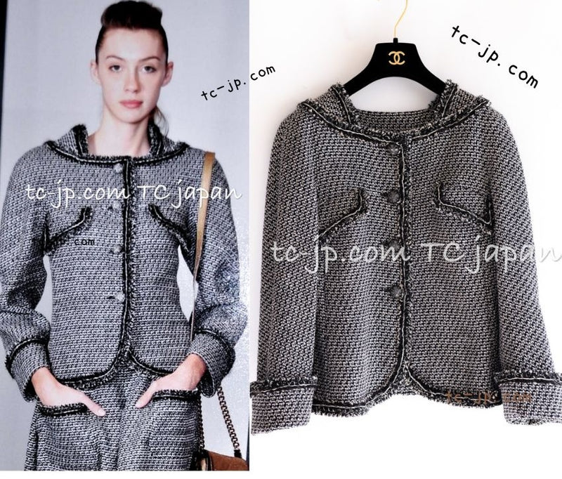CHANEL 12A Gray Black Linen Wool Tweed Gripoix Button Colorless Jacket 36 38 シャネル グレー ブラック リネン ウール ツイード グリポア 宝石 ボタン ノーカラー ジャケット 即発