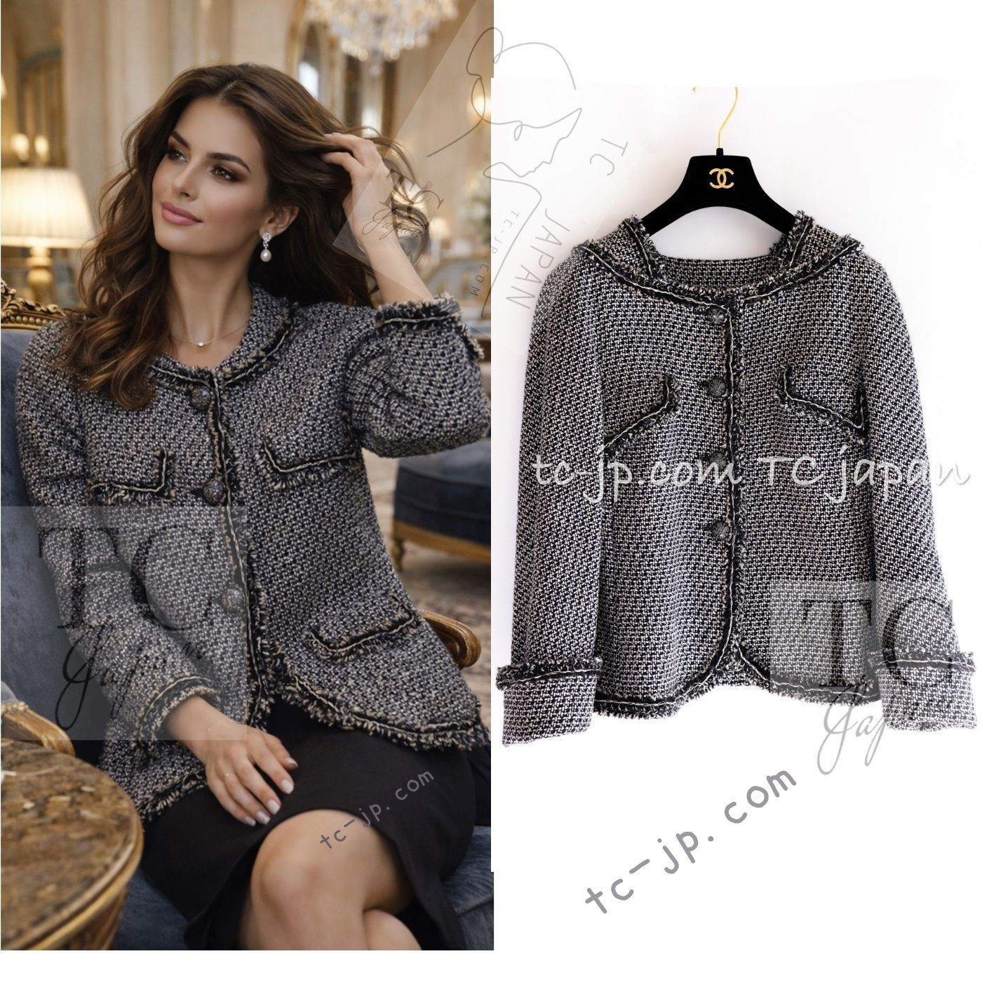 CHANEL 12A Gray Black Linen Wool Tweed Gripoix Button Colorless Jacket 36 38 シャネル グレー ブラック リネン ウール ツイード グリポア 宝石 ボタン ノーカラー ジャケット 即発