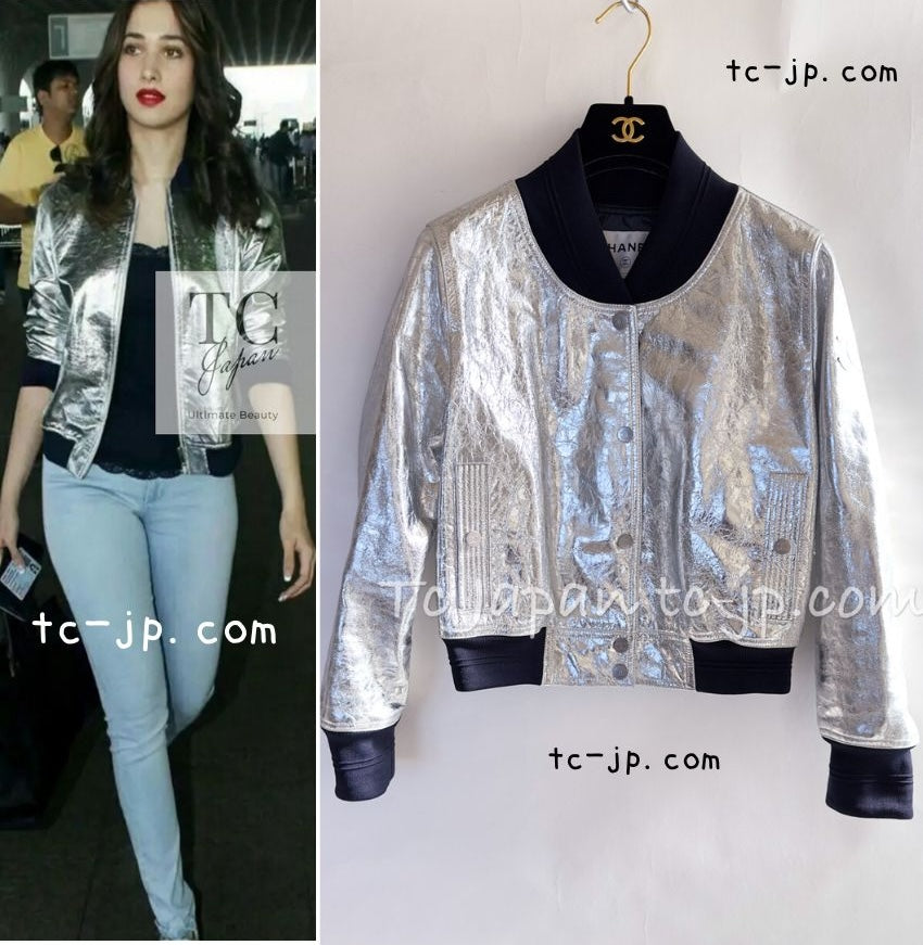CHANEL 16S Silver Lambskin Leather CC Patch Stadium Blouson Jumper Jacket 34 シャネル シルバー ラムスキン レザー CCワッペン スタジアム ブルゾン ジャンバー ジャケット 即発