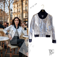 CHANEL 16S Silver Lambskin Leather CC Patch Stadium Blouson Jumper Jacket 34 シャネル シルバー ラムスキン レザー CCワッペン スタジアム ブルゾン ジャンバー ジャケット 即発