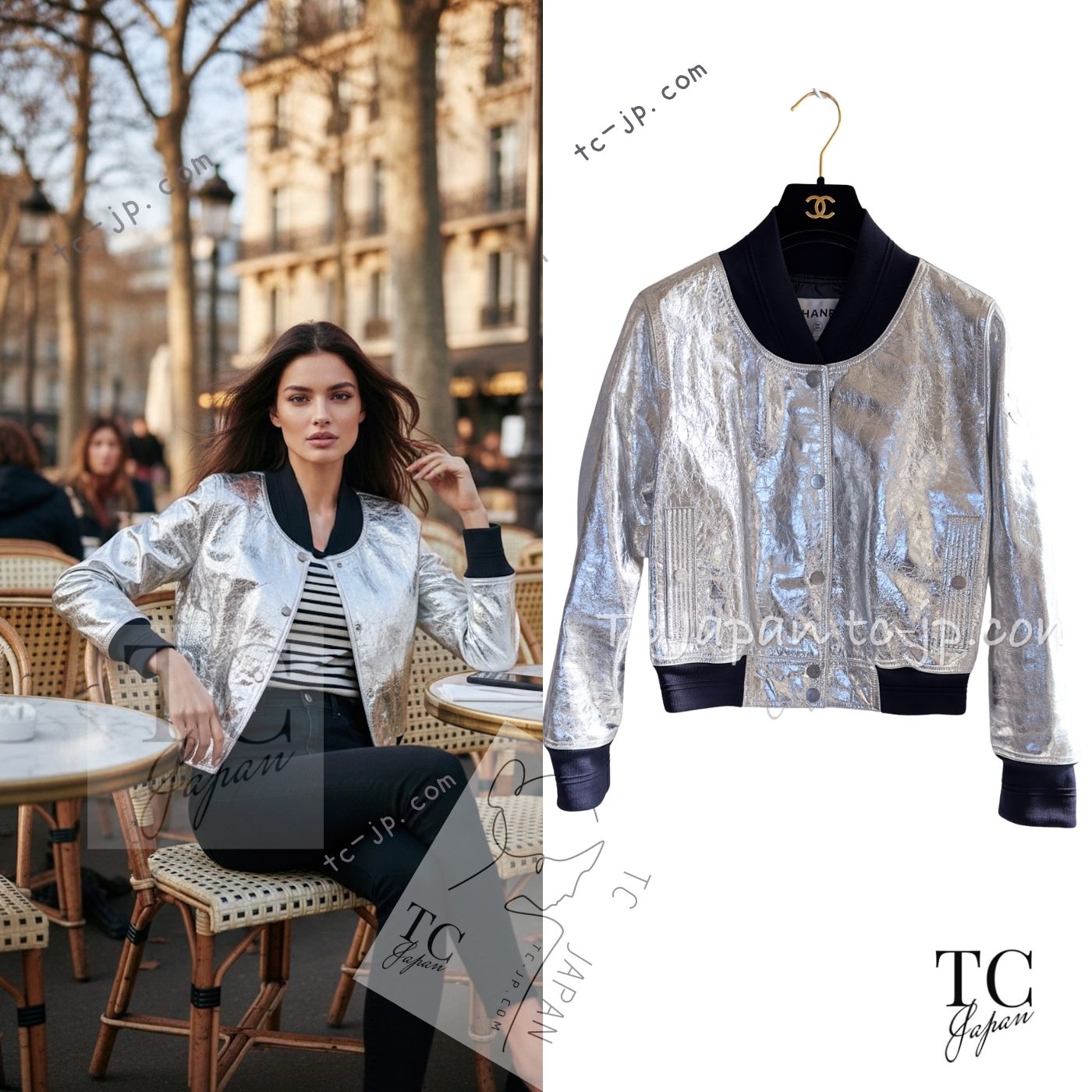 CHANEL 16S Silver Lambskin Leather CC Patch Stadium Blouson Jumper Jacket 34 シャネル シルバー ラムスキン レザー CCワッペン スタジアム ブルゾン ジャンバー ジャケット 即発