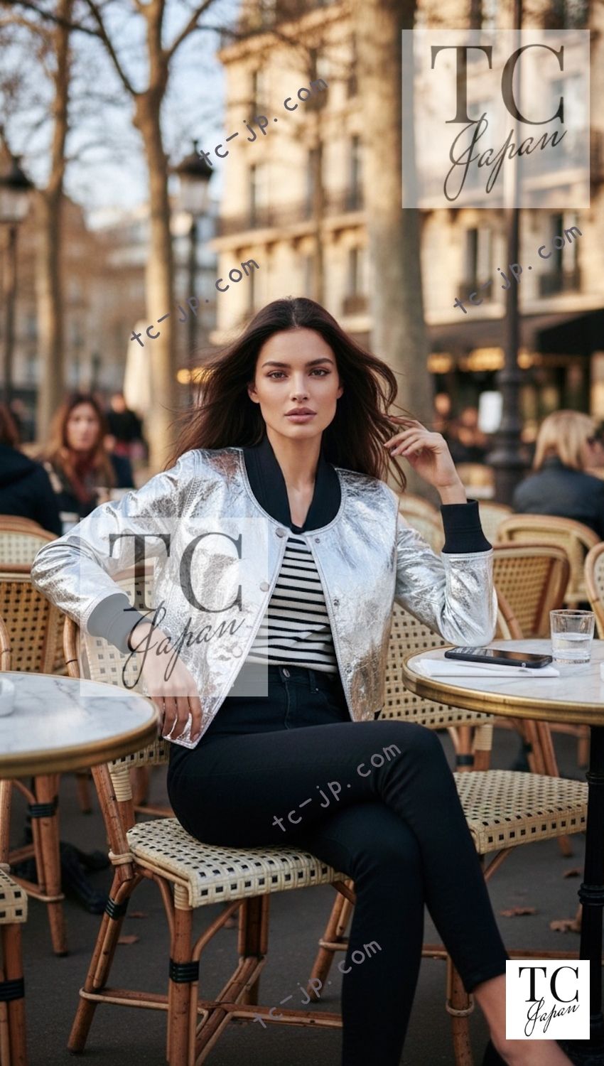 CHANEL 16S Silver Lambskin Leather CC Patch Stadium Blouson Jumper Jacket 34 シャネル シルバー ラムスキン レザー CCワッペン スタジアム ブルゾン ジャンバー ジャケット 即発 - TC JAPAN