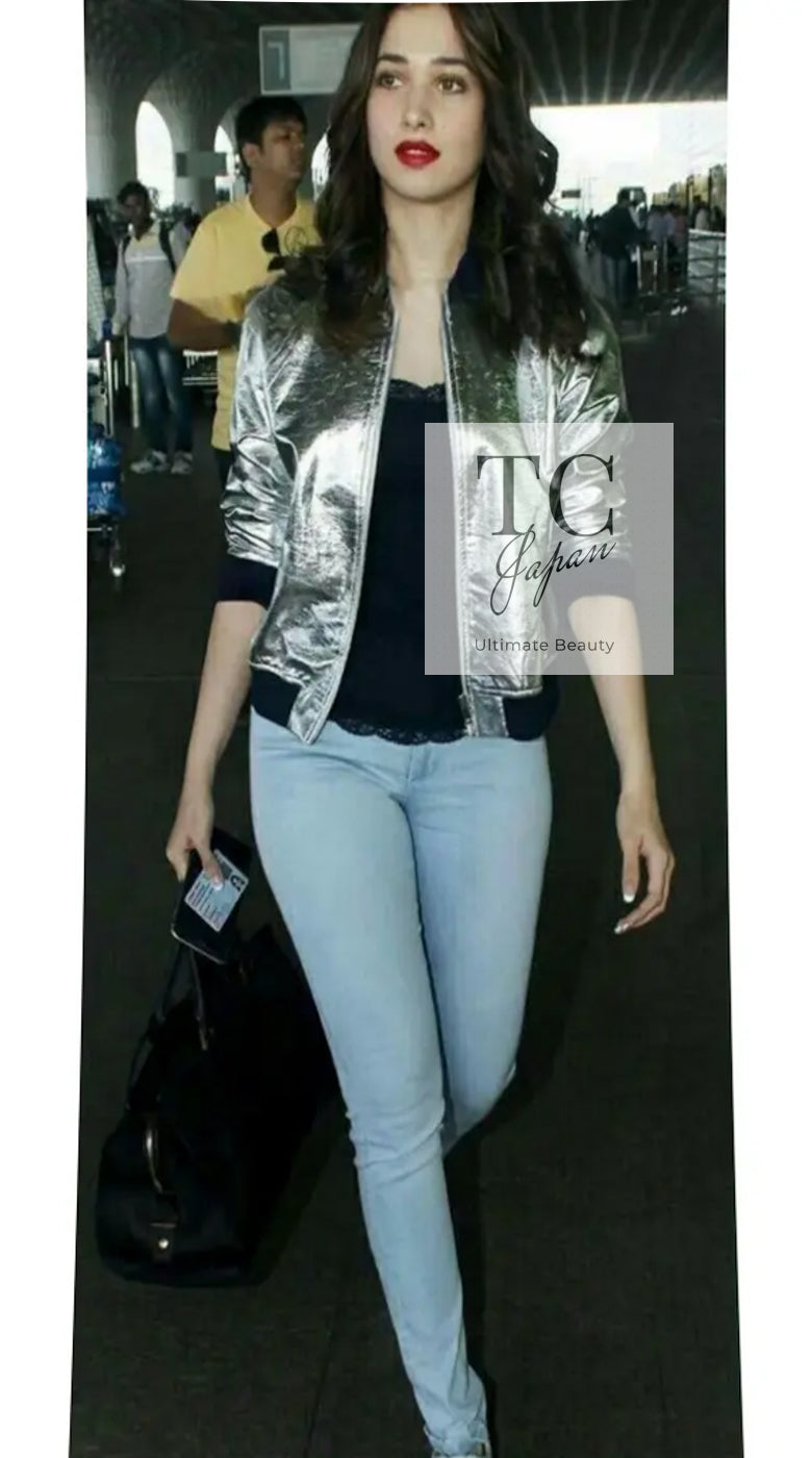 CHANEL 16S Silver Lambskin Leather CC Patch Stadium Blouson Jumper Jacket 34 シャネル シルバー ラムスキン レザー CCワッペン スタジアム ブルゾン ジャンバー ジャケット 即発 - TC JAPAN