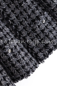 CHANEL 06A Gray Black Houndstooth Wool Silk Tweed Collarless Jacket 38 40 シャネル グレー ブラック 千鳥格子 ウール シルク ツイード ノーカラー ジャケット 即発